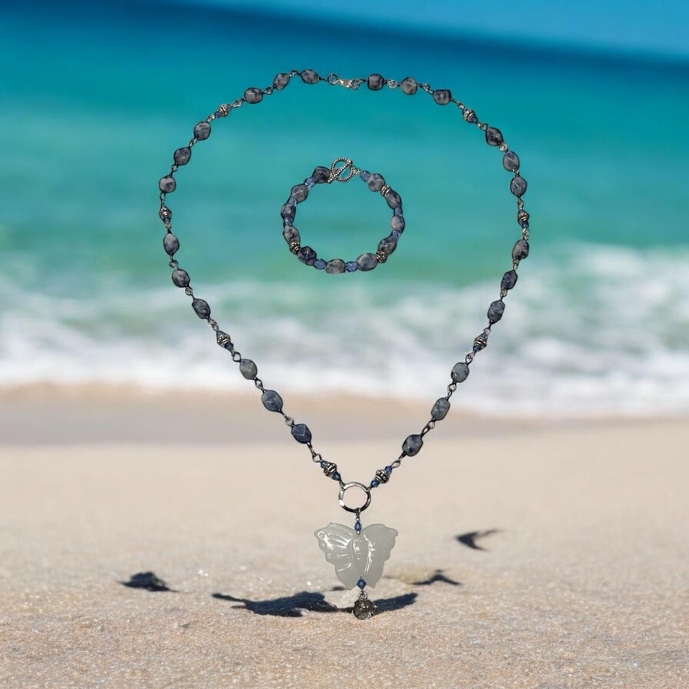 Sodalite Blue and Silver Butterfly Necklace and Bracelet Set